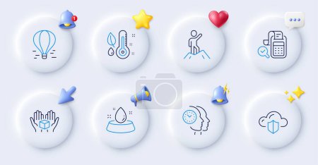 Illustration for Cloud protection, Hold box and Water bowl line icons. Buttons with 3d bell, chat speech, cursor. Pack of Leadership, Time management, Air balloon icon. Thermometer, Bill accounting pictogram. Vector - Royalty Free Image