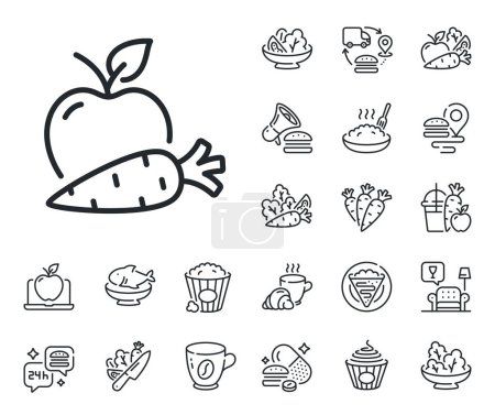 Illustration for Vegetable and fruit sign. Crepe, sweet popcorn and salad outline icons. Apple with carrot line icon. Vegeterian food symbol. Apple carrot line sign. Pasta spaghetti, fresh juice icon. Vector - Royalty Free Image