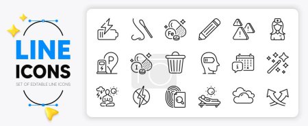 Illustration for Magic wand, Nasal test and Iron line icons set for app include Lounger, Pencil, Intersection arrows outline thin icon. Charging station, Antistatic, Weariness pictogram icon. Vector - Royalty Free Image