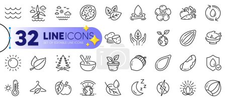 Illustration for Outline set of Brazil nut, Apple and Almond nut line icons for web with Seafood, Greenhouse, Potato thin icon. Slow fashion, Leaf dew, Lotus pictogram icon. Christmas tree. Vector - Royalty Free Image