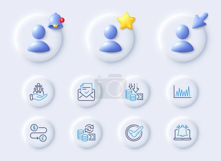 Illustration for Reminder, Deflation and Change money line icons. Placeholder with 3d cursor, bell, star. Pack of Confirmed, Line graph, Inclusion icon. Approved mail, Money transfer pictogram. Vector - Royalty Free Image