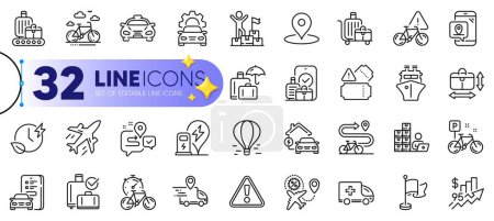 Illustration for Outline set of Pin, Plane and Ship line icons for web with Car registration, Charging time, Delivery man thin icon. Inventory, Car service, Baggage cart pictogram icon. Pin marker. Vector - Royalty Free Image