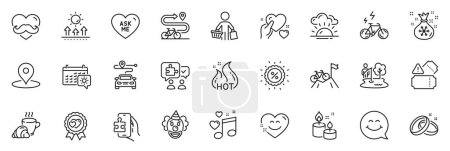 Illustration for Icons pack as Buyer, Puzzle game and E-bike line icons for app include Father day, Smile chat, Fishing place outline thin icon web set. Clown, Aroma candle, Love music pictogram. Vector - Royalty Free Image