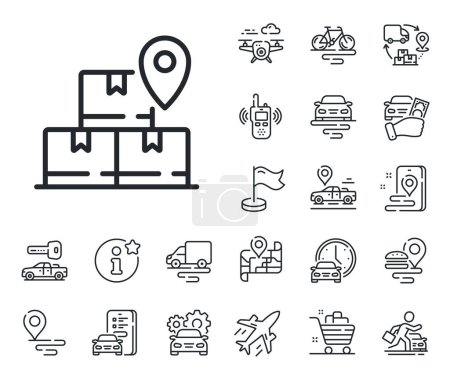 Illustration for Package location sign. Plane, supply chain and place location outline icons. Delivery service line icon. Tracking parcel symbol. Delivery service line sign. Taxi transport, rent a bike icon. Vector - Royalty Free Image