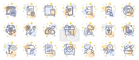 Illustration for Outline set of Sign out, Parking security and Discount offer line icons for web app. Include Food market, Mail, Clean t-shirt pictogram icons. Fishing lure, Document, Cyber attack signs. Vector - Royalty Free Image
