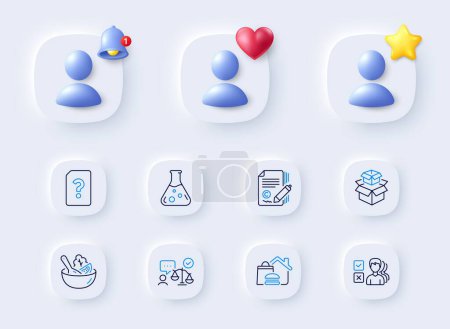 Illustration for Opinion, Chemistry lab and Lawyer line icons. Placeholder with 3d bell, star, heart. Pack of Packing boxes, Salad, Unknown file icon. Food delivery, Copywriting pictogram. Vector - Royalty Free Image