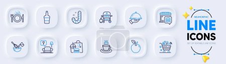 Illustration for Cooking whisk, Apple and Candy line icons for web app. Pack of Food delivery, Scotch bottle, Restaurant food pictogram icons. Gas grill, Lounge, Vegetables cart signs. Tea cup. Cutlery, Fruit. Vector - Royalty Free Image