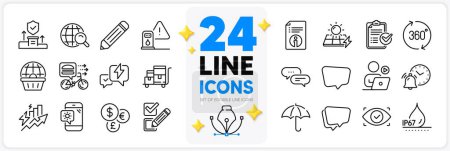 Illustration for Icons set of Security agency, Consumption growth and Technical info line icons pack for app with Money currency, Pencil, Umbrella thin outline icon. 360 degrees, Waterproof. Vector - Royalty Free Image