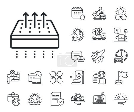 Illustration for Orthopedic pad sign. Plane jet, travel map and baggage claim outline icons. Breathable mattress line icon. Air flow sleep bed symbol. Breathable mattress line sign. Vector - Royalty Free Image