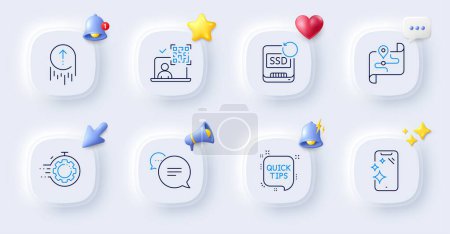 Illustration for Text message, Map and Quick tips line icons. Buttons with 3d bell, chat speech, cursor. Pack of Seo timer, Recovery ssd, Smartphone clean icon. Swipe up, Qr code pictogram. Vector - Royalty Free Image