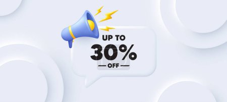 Illustration for Up to 30 percent off sale. Neumorphic 3d background with speech bubble. Discount offer price sign. Special offer symbol. Save 30 percentages. Discount tag speech message. Banner with megaphone. Vector - Royalty Free Image