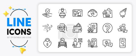 Illustration for Windy weather, Food delivery and Idea lamp line icons set for app include Money, Question mark, Vr outline thin icon. Fuel price, Eu close borders, Brand ambassador pictogram icon. Vector - Royalty Free Image