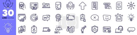Illustration for Award app, Inspect and Security lock line icons pack. Energy, Attention, Safe time web icon. Credit card, Comments, Wallet pictogram. 24h service, Coffee vending, Upload. Computer. Vector - Royalty Free Image