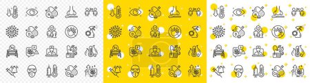 Illustration for Outline Mint bag, Coronavirus and Stress line icons pack for web with Thermometer, Low thermometer, Social distancing line icon. Nasal test, Stress grows, Cobalt mineral pictogram icon. Vector - Royalty Free Image