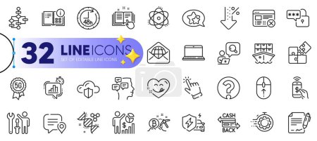 Illustration for Outline set of Cashback card, Yummy smile and Block diagram line icons for web with Instruction info, Phone payment, Reject web thin icon. Cursor, 48 hours, Bitcoin mining pictogram icon. Vector - Royalty Free Image