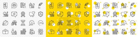 Illustration for Outline Shield, Time schedule and Refrigerator line icons pack for web with Medical chat, Heart, Loan house line icon. Food delivery, Contactless payment, Floor lamp pictogram icon. Vector - Royalty Free Image