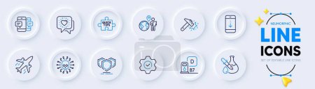 Illustration for Outsource work, Plane and Diesel station line icons for web app. Pack of Cyber attack, Shields, Scroll down pictogram icons. Friends chat, Hammer blow, Execute signs. Quick tips. Vector - Royalty Free Image