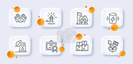 Illustration for Building, Lighthouse and Builders union line icons pack. 3d glass buttons with blurred circles. Charge battery, Certificate, Petrol station web icon. Wholesale inventory, Brush pictogram. Vector - Royalty Free Image