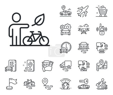 Illustration for City bicycle transport sign. Plane, supply chain and place location outline icons. Eco bike line icon. Outdoor transportation symbol. Eco bike line sign. Taxi transport, rent a bike icon. Vector - Royalty Free Image
