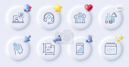 Illustration for Currency rate, Deflation and Music line icons. Buttons with 3d bell, chat speech, cursor. Pack of Medical support, Thoughts, Calendar icon. Floor plan, Graph phone pictogram. Vector - Royalty Free Image