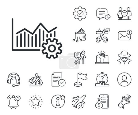 Illustration for Cogwheel sign. Salaryman, gender equality and alert bell outline icons. Operational excellence line icon. Operational excellence line sign. Spy or profile placeholder icon. Vector - Royalty Free Image
