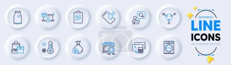 Illustration for T-shirt, Washing machine and Cash line icons for web app. Pack of Weather thermometer, Best market, Vip access pictogram icons. Genders, Smartphone waterproof, Inspect signs. Clipboard. Vector - Royalty Free Image