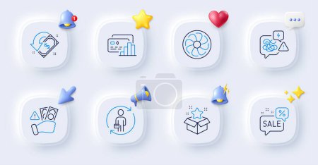 Illustration for Replacement, Stress and Fan engine line icons. Buttons with 3d bell, chat speech, cursor. Pack of Card, Cashback, Discounts bubble icon. Loyalty program, Fraud pictogram. For web app, printing. Vector - Royalty Free Image