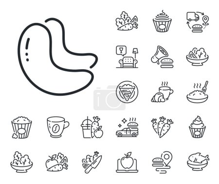 Illustration for Tasty nuts sign. Crepe, sweet popcorn and salad outline icons. Cashew nut line icon. Vegan food symbol. Cashew nut line sign. Pasta spaghetti, fresh juice icon. Supply chain. Vector - Royalty Free Image