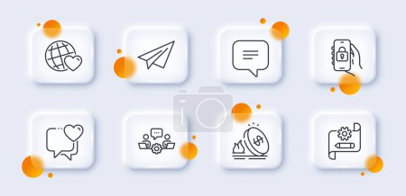 Illustration for Paper plane, Locked app and Gas price line icons pack. 3d glass buttons with blurred circles. Cogwheel blueprint, Teamwork, Friends world web icon. Text message, Heart pictogram. Vector - Royalty Free Image