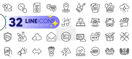 Illustration for Outline set of Squad, Quick tips and Lightning bolt line icons for web with Refund commission, Shield, Location thin icon. Technical info, Ship travel, Mail pictogram icon. Vector - Royalty Free Image
