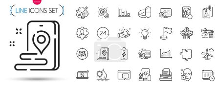 Illustration for Pack of Milestone, Attached info and Graph line icons. Include Waterproof, Cogwheel, Sharing economy pictogram icons. Puzzle, Calendar, Face declined signs. 5g notebook. Milestone outline sign. Vector - Royalty Free Image