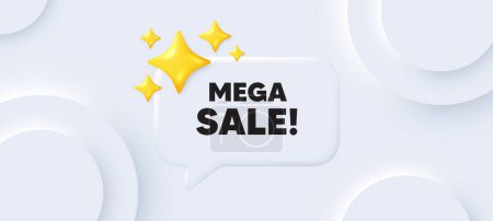 Illustration for Mega Sale tag. Neumorphic background with chat speech bubble. Special offer price sign. Advertising Discounts symbol. Mega sale speech message. Banner with 3d stars. Vector - Royalty Free Image
