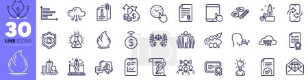 Illustration for Certificate, Eye detect and Graph chart line icons pack. Phone transfer, Breathing exercise, Report document web icon. Approved document, Feather, Attached info pictogram. Group. Vector - Royalty Free Image