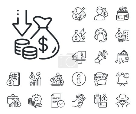 Illustration for Price reduction sign. Cash money, loan and mortgage outline icons. Deflation line icon. Reduce rate symbol. Deflation line sign. Credit card, crypto wallet icon. Inflation, job salary. Vector - Royalty Free Image