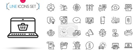 Illustration for Pack of Report, Smile and Support service line icons. Include Chandelier, Approved message, Fingerprint pictogram icons. Analytics graph, Grocery basket, Washing machine signs. Vector - Royalty Free Image