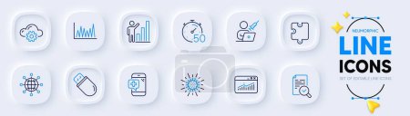Illustration for Medical phone, International globe and Cloud computing line icons for web app. Pack of Inspect, Usb stick, Coronavirus pictogram icons. Line graph, Website statistics, Puzzle signs. Vector - Royalty Free Image