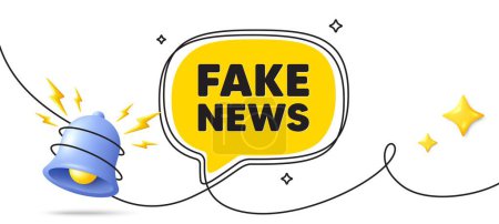 Illustration for Fake news tag. Continuous line art banner. Media newspaper sign. Daily information symbol. Fake news speech bubble background. Wrapped 3d bell icon. Vector - Royalty Free Image