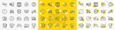 Illustration for Outline Capsule pill, 360 degree and Approved agreement line icons pack for web with Chef, Send mail, Gamepad line icon. Dice, Clock, Market buyer pictogram icon. Ole chant, Quality. Vector - Royalty Free Image