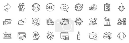 Illustration for Icons pack as Baggage cart, Anxiety and Smile chat line icons for app include Plane, Clock, Roller coaster outline thin icon web set. Confirmed, Donate, Loyalty program pictogram. Vector - Royalty Free Image