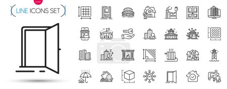 Illustration for Pack of Circus, Sports stadium and Open door line icons. Include Plan, Entrance, Radiator pictogram icons. Factory, Triangle area, Lighthouse signs. House security, Home facility, Door. Vector - Royalty Free Image