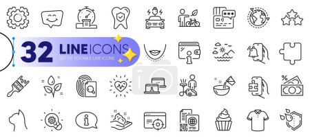 Illustration for Outline set of Smile chat, Card and Seo gear line icons for web with Car charging, T-shirt, Brush thin icon. Wallet, Cooking water, Money tax pictogram icon. Waterproof, Seo targeting. Vector - Royalty Free Image