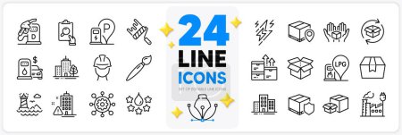 Illustration for Icons set of Filling station, Lighthouse and Buildings line icons pack for app with Delivery insurance, Paint roller, Hold box thin outline icon. Building warning, Packing boxes. Vector - Royalty Free Image