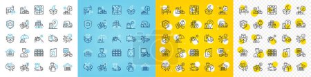 Illustration for Vector icons set of Parking garage, Canister and Packing boxes line icons pack for web with Bicycle, Delivery man, Food delivery outline icon. Boxes shelf, Luggage protect. Vector - Royalty Free Image