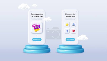 Illustration for Register now paper banner. Phone mockup on podium. Product offer 3d pedestal. Free registration tag. Megaphone message icon. Background with 3d clouds. Register now promotion message. Vector - Royalty Free Image