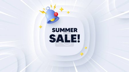Illustration for Summer Sale tag. Neumorphic banner with sunburst. Special offer price sign. Advertising Discounts symbol. Summer sale message. Banner with 3d reminder bell. Circular neumorphic template. Vector - Royalty Free Image
