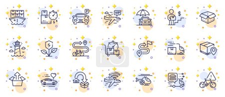 Illustration for Outline set of Medical helicopter, Journey and Parcel tracking line icons for web app. Include Open box, Delivery time, Send box pictogram icons. Airplane wifi, Fast delivery, Parking signs. Vector - Royalty Free Image