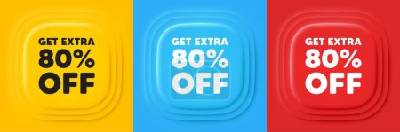 Illustration for Get Extra 80 percent off Sale. Neumorphic offer banners. Discount offer price sign. Special offer symbol. Save 80 percentages. Extra discount podium background. Product infographics. Vector - Royalty Free Image