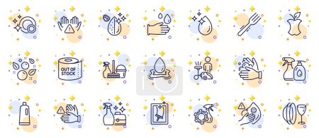 Ilustración de Conjunto de esquema de Dont touch, papel higiénico e iconos de línea de residuos orgánicos para la aplicación web. Incluye guantes de goma, plato, iconos de pictograma máscara sucia. Tenedor, Líquidos de limpieza, Carteles de limpieza de ventanas. Vector - Imagen libre de derechos