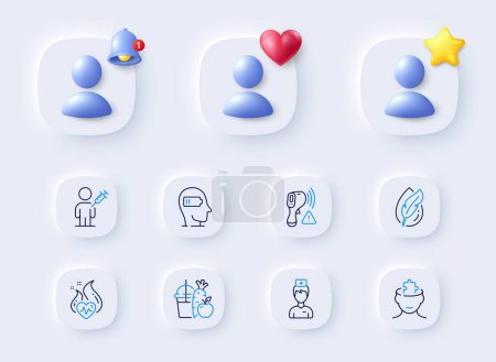 Illustration for Weariness, Doctor and Hypoallergenic tested line icons. Placeholder with 3d bell, star, heart. Pack of People vaccination, Mental conundrum, Cardio training icon. Vector - Royalty Free Image