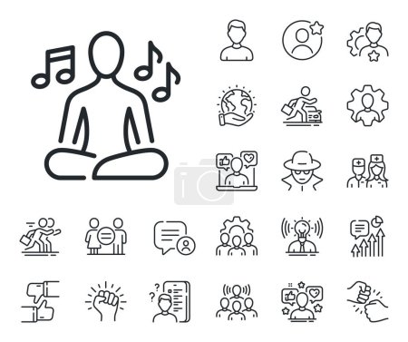 Illustration for Meditation pose sign. Specialist, doctor and job competition outline icons. Yoga music line icon. Relax body and mind symbol. Yoga music line sign. Avatar placeholder, spy headshot icon. Vector - Royalty Free Image